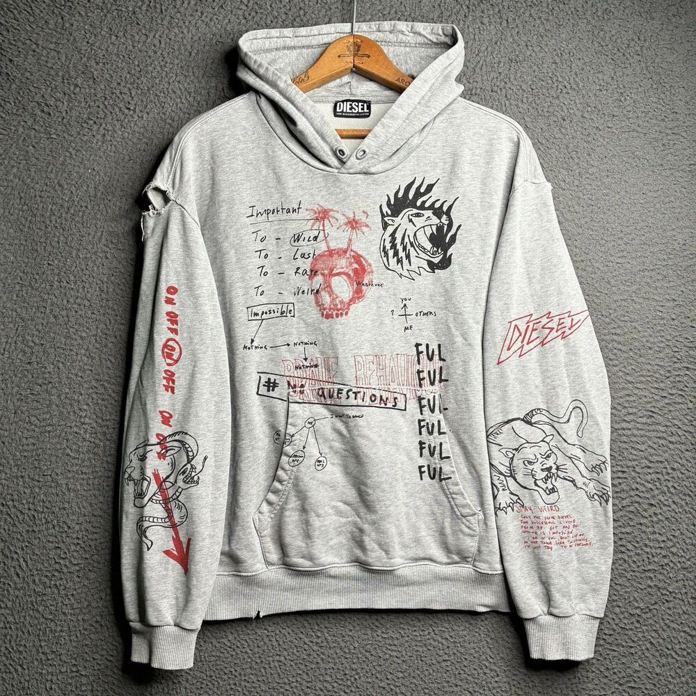 DIESEL BOYS Allover Print Logo HOODIE Gray SIZE 16/XL  MEN Small